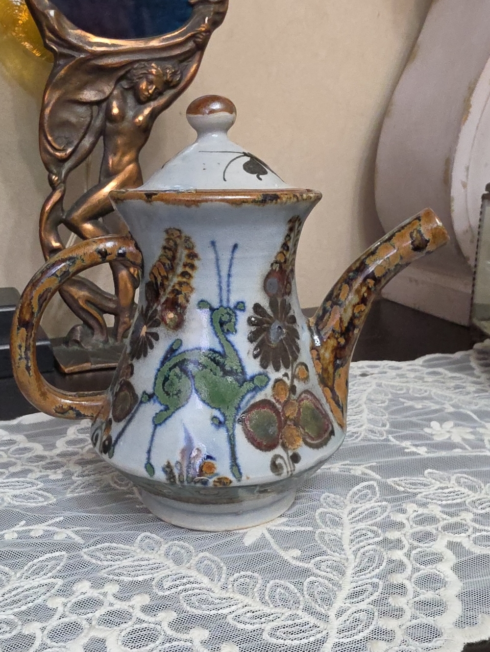 Vtg Mexico 1970 Lucano Hand-Painted Ceramic Teapot - Green and Brown Home Art